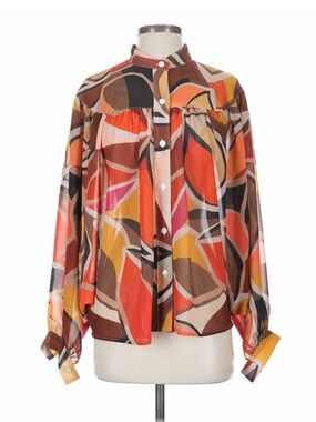 Molly Bracken Abstract Print Button-Front Blouse Smock in Orange and Brown